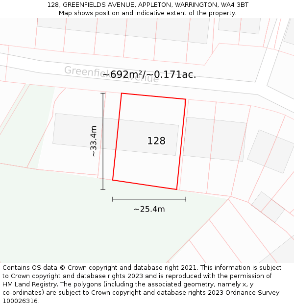 128, GREENFIELDS AVENUE, APPLETON, WARRINGTON, WA4 3BT: Plot and title map