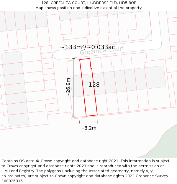 128, GREENLEA COURT, HUDDERSFIELD, HD5 8QB: Plot and title map