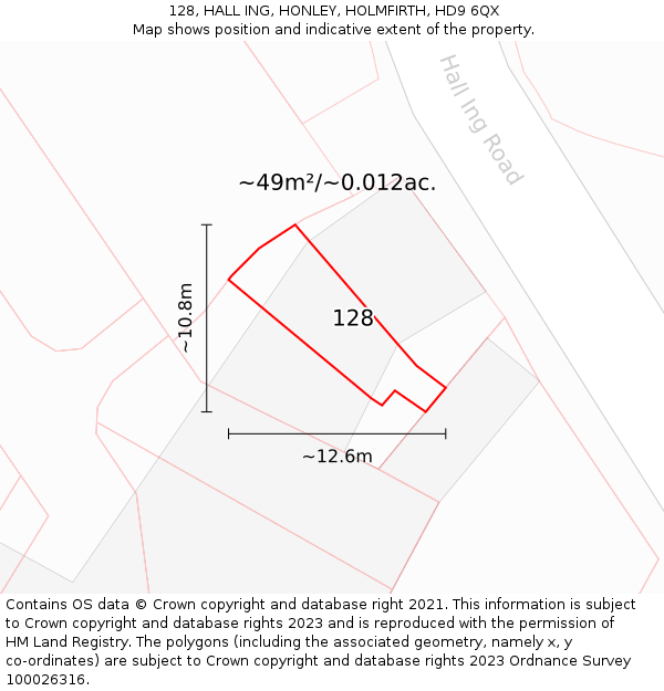 128, HALL ING, HONLEY, HOLMFIRTH, HD9 6QX: Plot and title map