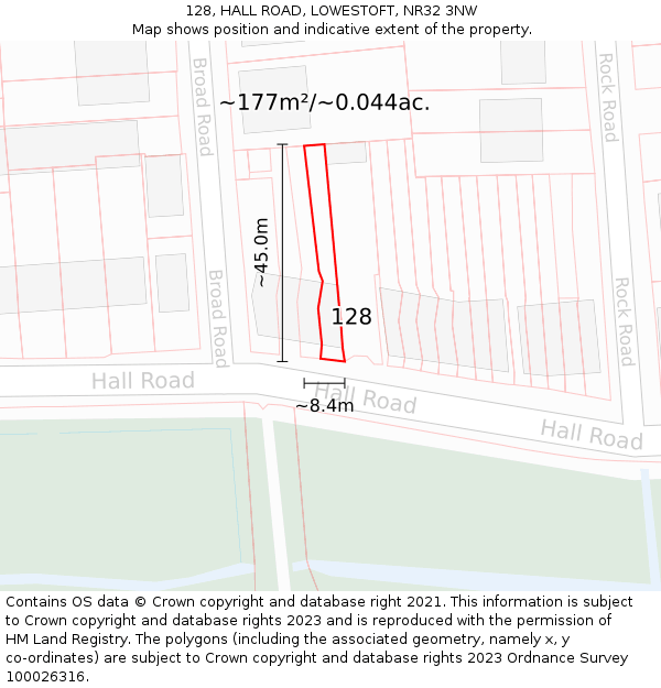 128, HALL ROAD, LOWESTOFT, NR32 3NW: Plot and title map