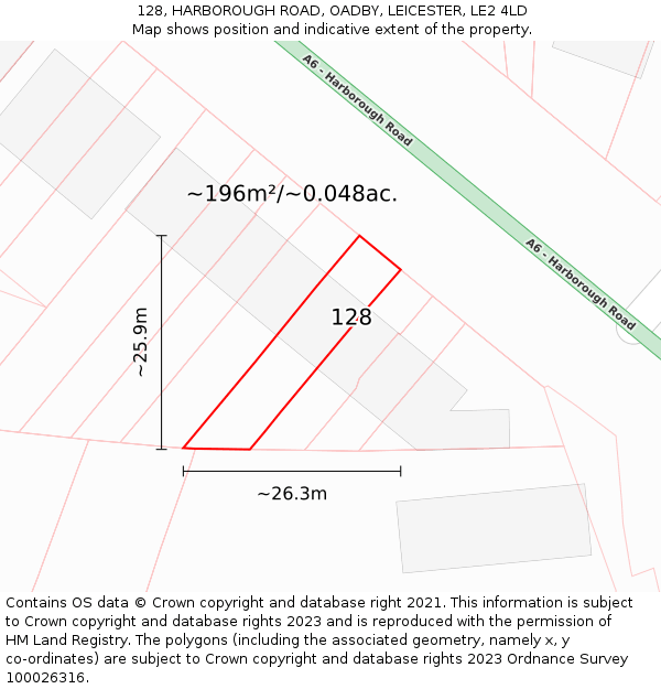 128, HARBOROUGH ROAD, OADBY, LEICESTER, LE2 4LD: Plot and title map
