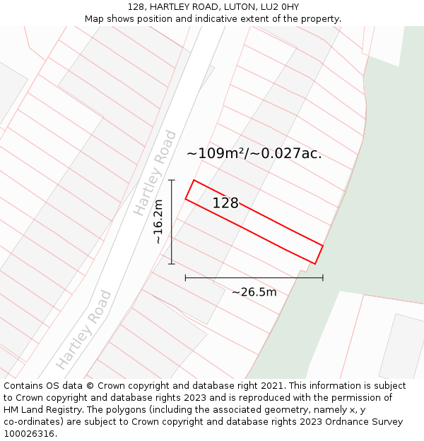 128, HARTLEY ROAD, LUTON, LU2 0HY: Plot and title map