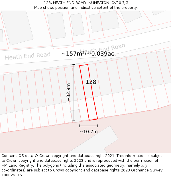 128, HEATH END ROAD, NUNEATON, CV10 7JG: Plot and title map