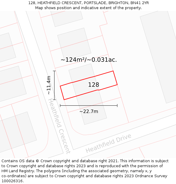 128, HEATHFIELD CRESCENT, PORTSLADE, BRIGHTON, BN41 2YR: Plot and title map