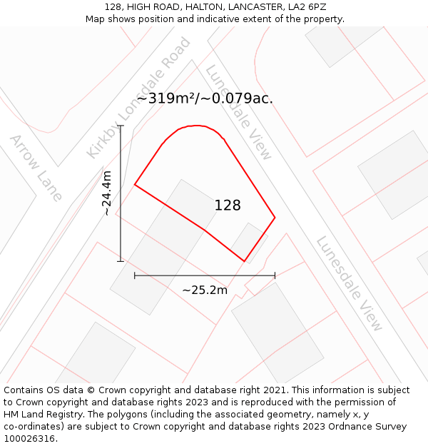 128, HIGH ROAD, HALTON, LANCASTER, LA2 6PZ: Plot and title map