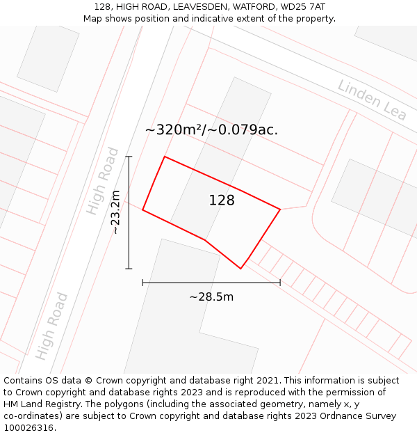128, HIGH ROAD, LEAVESDEN, WATFORD, WD25 7AT: Plot and title map