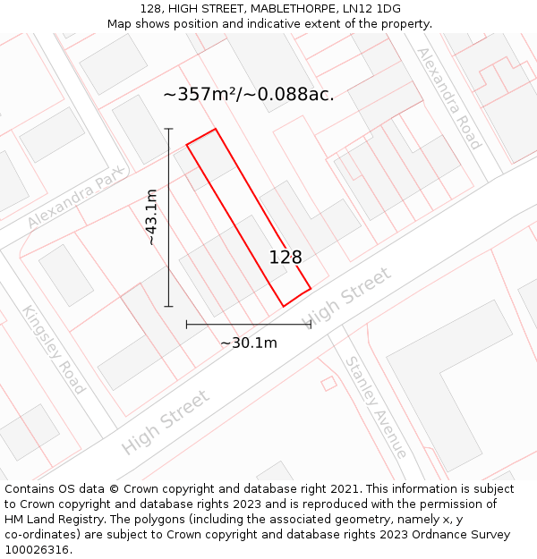 128, HIGH STREET, MABLETHORPE, LN12 1DG: Plot and title map