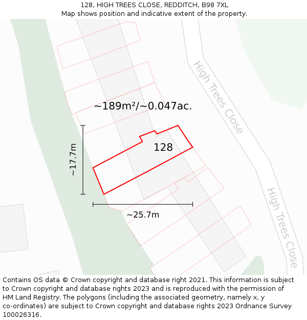 128, HIGH TREES CLOSE, REDDITCH, B98 7XL: Plot and title map