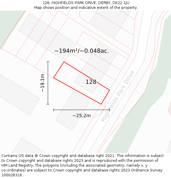128, HIGHFIELDS PARK DRIVE, DERBY, DE22 1JU: Plot and title map