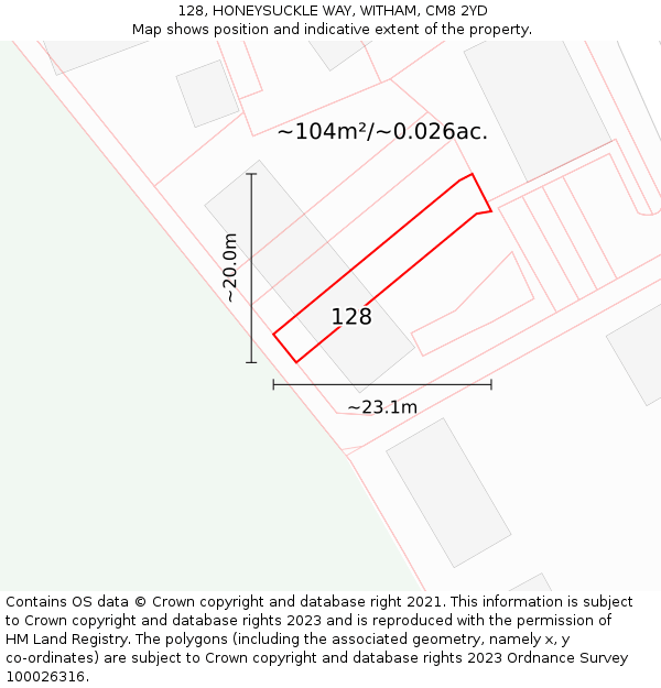 128, HONEYSUCKLE WAY, WITHAM, CM8 2YD: Plot and title map