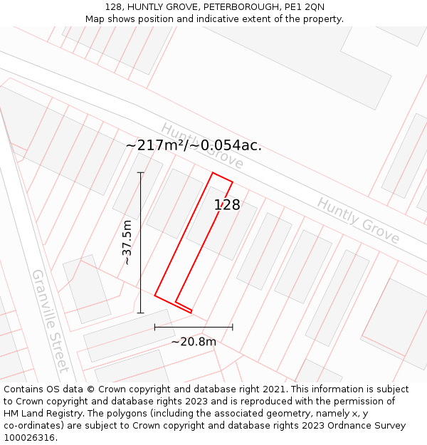 128, HUNTLY GROVE, PETERBOROUGH, PE1 2QN: Plot and title map