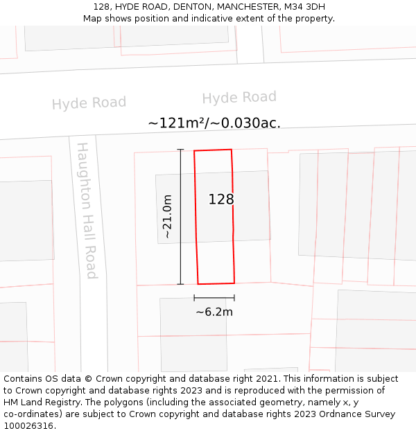 128, HYDE ROAD, DENTON, MANCHESTER, M34 3DH: Plot and title map