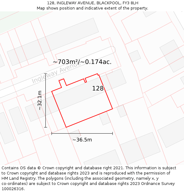 128, INGLEWAY AVENUE, BLACKPOOL, FY3 8LH: Plot and title map