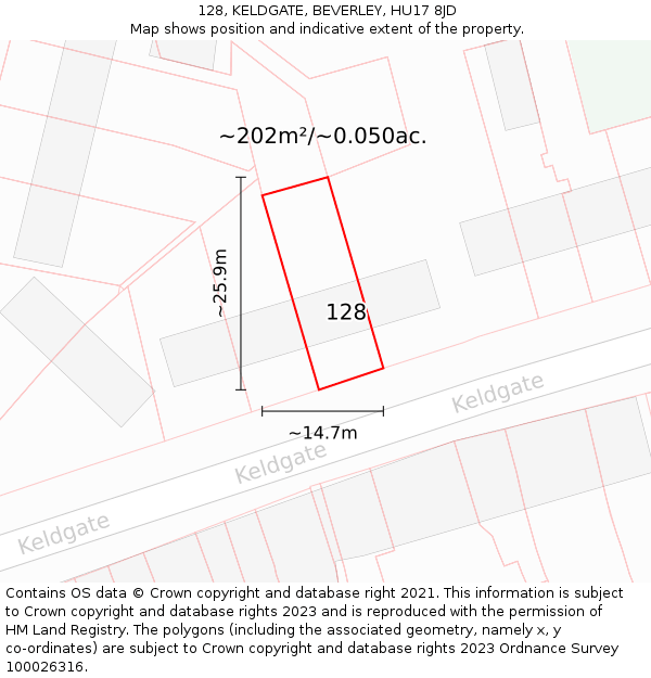 128, KELDGATE, BEVERLEY, HU17 8JD: Plot and title map
