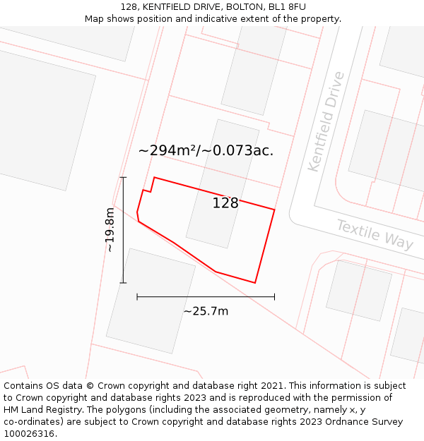 128, KENTFIELD DRIVE, BOLTON, BL1 8FU: Plot and title map
