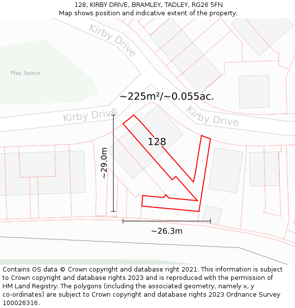 128, KIRBY DRIVE, BRAMLEY, TADLEY, RG26 5FN: Plot and title map
