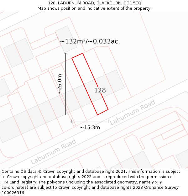 128, LABURNUM ROAD, BLACKBURN, BB1 5EQ: Plot and title map