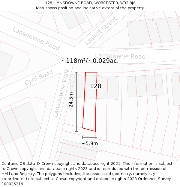 128, LANSDOWNE ROAD, WORCESTER, WR3 8JA: Plot and title map