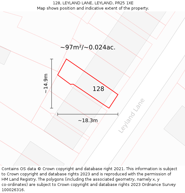 128, LEYLAND LANE, LEYLAND, PR25 1XE: Plot and title map