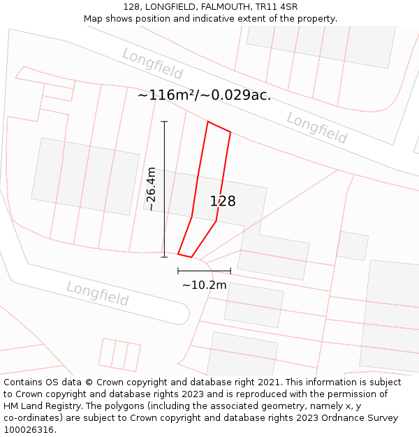 128, LONGFIELD, FALMOUTH, TR11 4SR: Plot and title map
