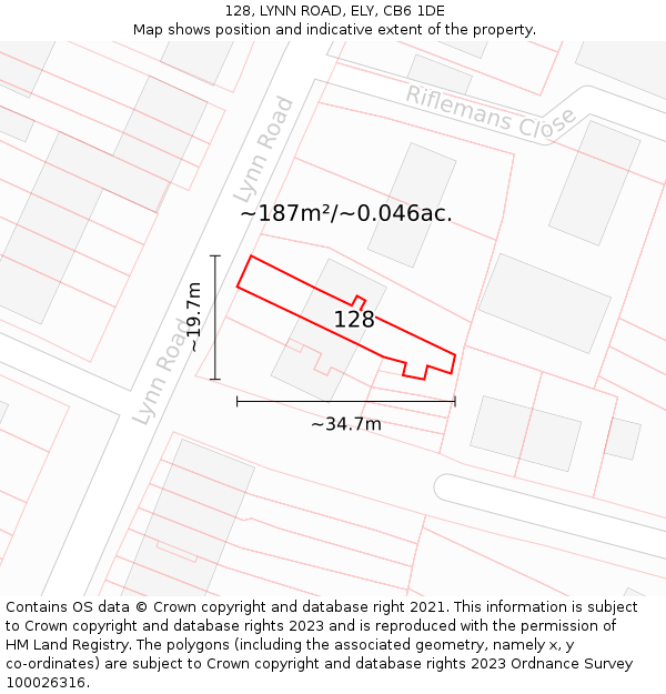 128, LYNN ROAD, ELY, CB6 1DE: Plot and title map