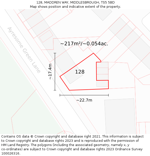 128, MADDREN WAY, MIDDLESBROUGH, TS5 5BD: Plot and title map