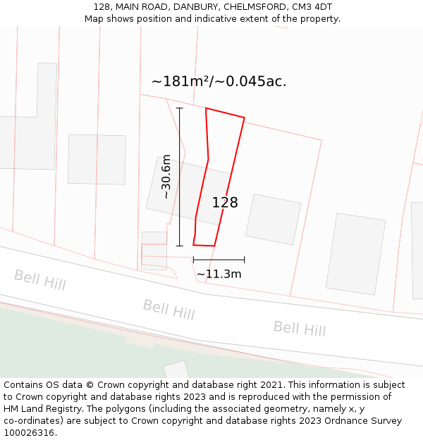 128, MAIN ROAD, DANBURY, CHELMSFORD, CM3 4DT: Plot and title map