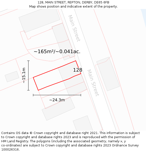 128, MAIN STREET, REPTON, DERBY, DE65 6FB: Plot and title map