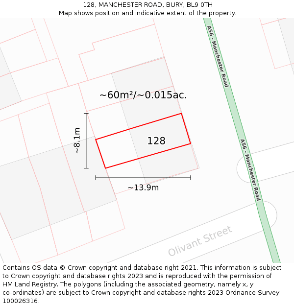 128, MANCHESTER ROAD, BURY, BL9 0TH: Plot and title map