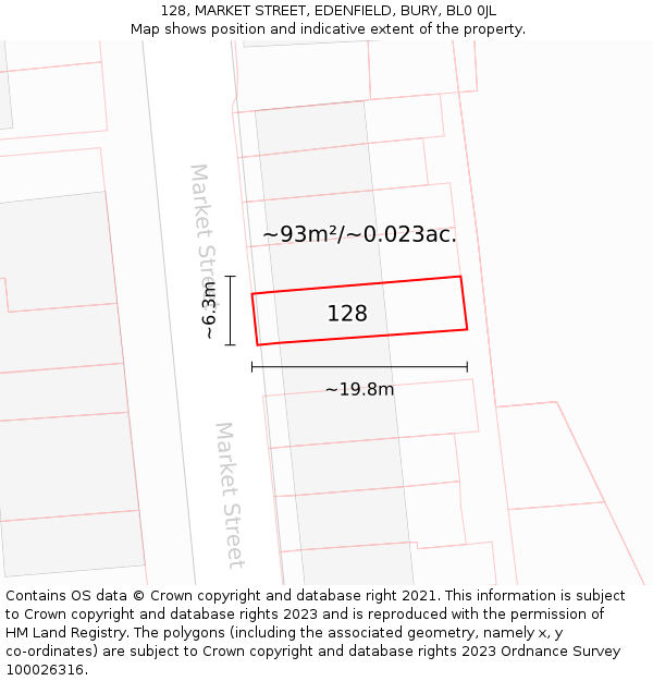 128, MARKET STREET, EDENFIELD, BURY, BL0 0JL: Plot and title map