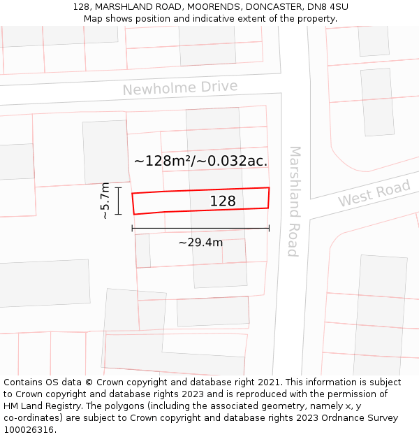 128, MARSHLAND ROAD, MOORENDS, DONCASTER, DN8 4SU: Plot and title map