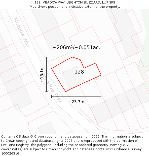 128, MEADOW WAY, LEIGHTON BUZZARD, LU7 3FS: Plot and title map