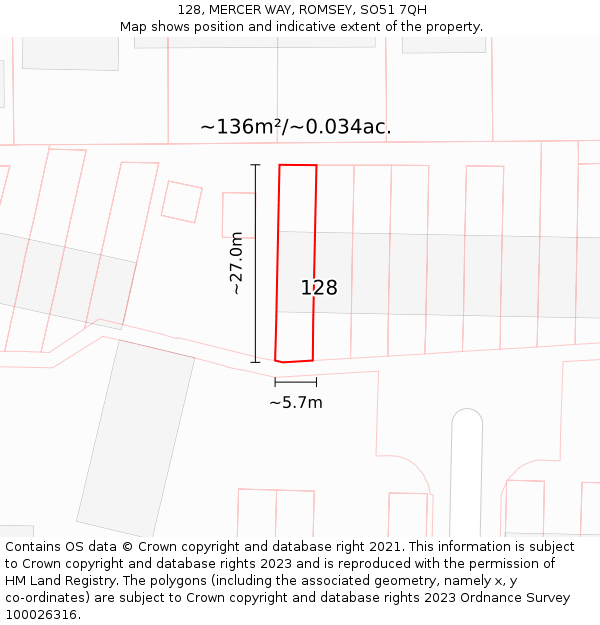 128, MERCER WAY, ROMSEY, SO51 7QH: Plot and title map