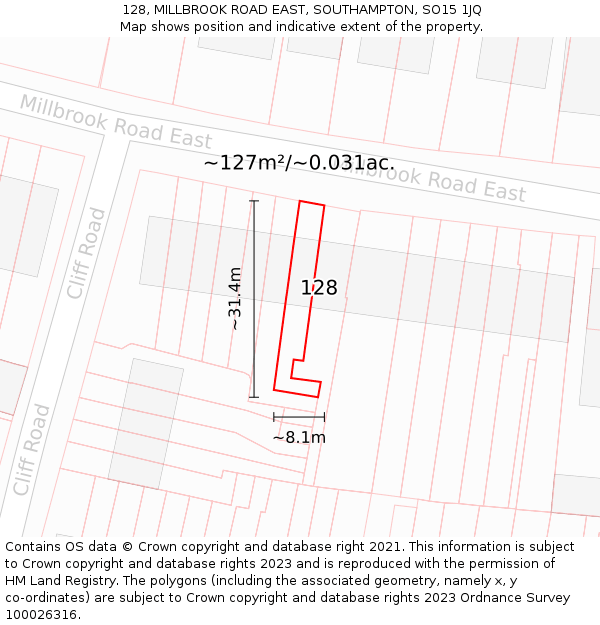 128, MILLBROOK ROAD EAST, SOUTHAMPTON, SO15 1JQ: Plot and title map