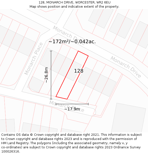128, MONARCH DRIVE, WORCESTER, WR2 6EU: Plot and title map