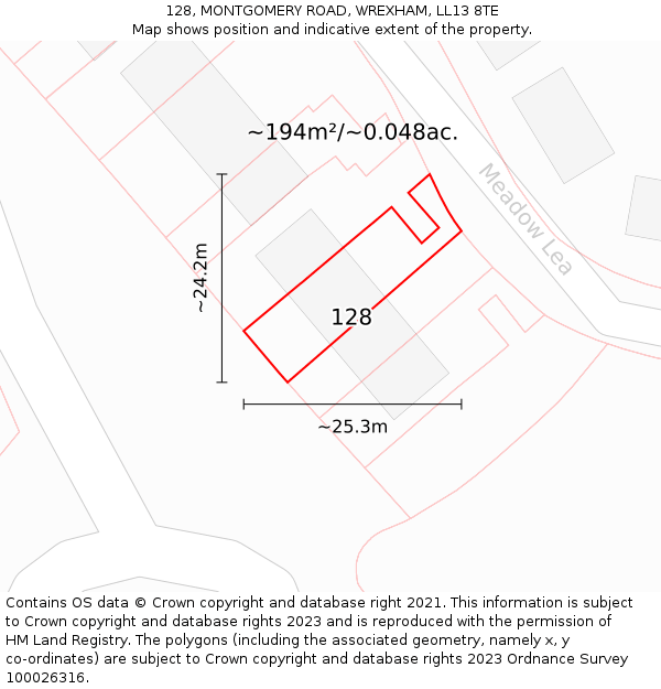 128, MONTGOMERY ROAD, WREXHAM, LL13 8TE: Plot and title map