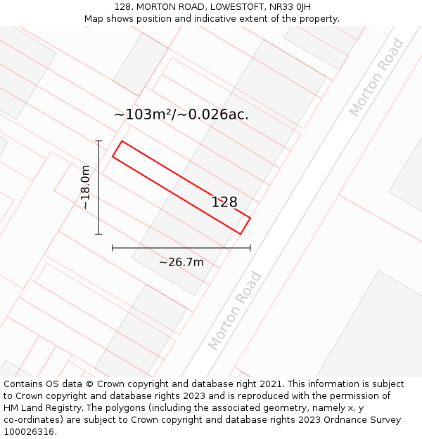 128, MORTON ROAD, LOWESTOFT, NR33 0JH: Plot and title map