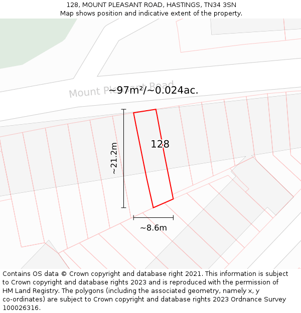 128, MOUNT PLEASANT ROAD, HASTINGS, TN34 3SN: Plot and title map