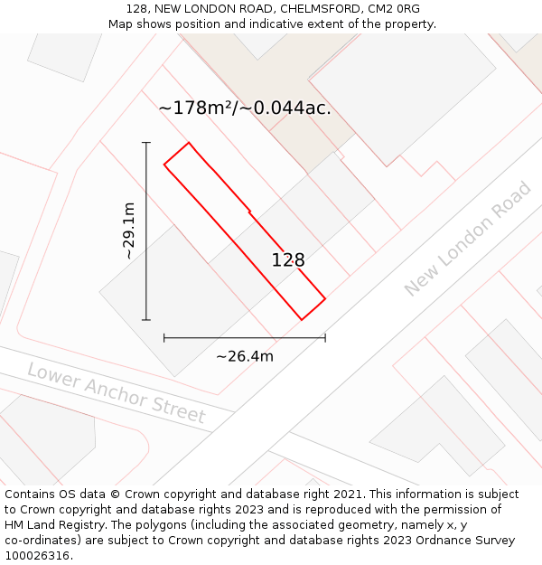 128, NEW LONDON ROAD, CHELMSFORD, CM2 0RG: Plot and title map