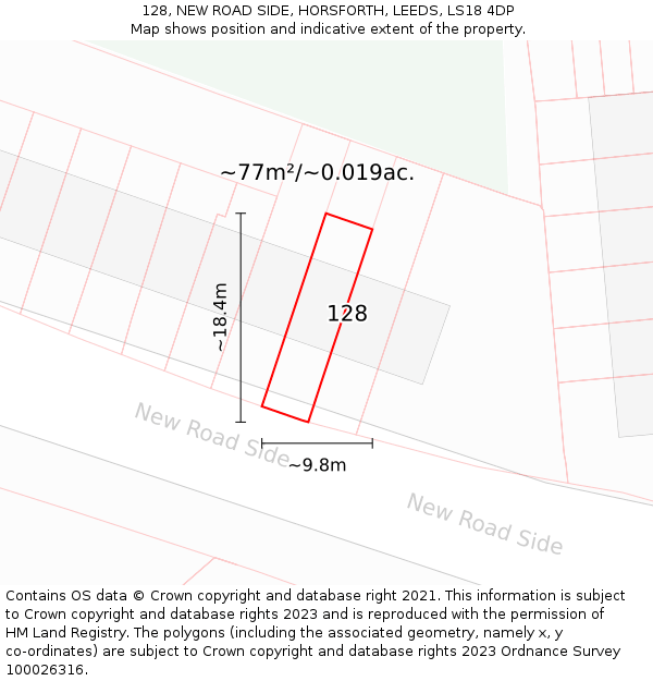 128, NEW ROAD SIDE, HORSFORTH, LEEDS, LS18 4DP: Plot and title map
