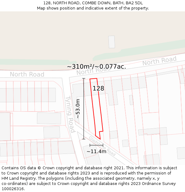 128, NORTH ROAD, COMBE DOWN, BATH, BA2 5DL: Plot and title map