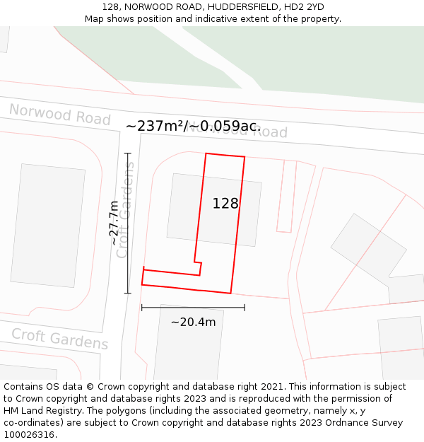128, NORWOOD ROAD, HUDDERSFIELD, HD2 2YD: Plot and title map