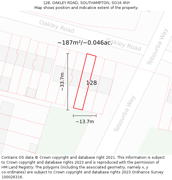128, OAKLEY ROAD, SOUTHAMPTON, SO16 4NY: Plot and title map