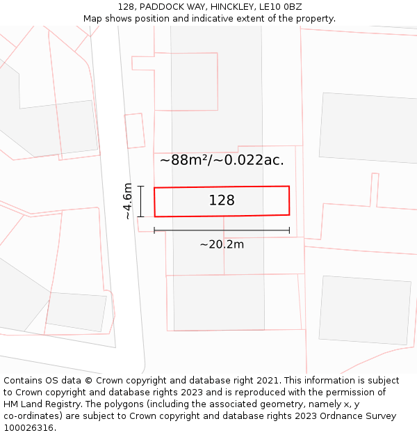 128, PADDOCK WAY, HINCKLEY, LE10 0BZ: Plot and title map