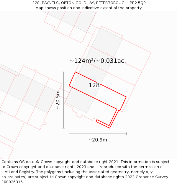 128, PAYNELS, ORTON GOLDHAY, PETERBOROUGH, PE2 5QP: Plot and title map