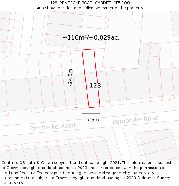 128, PEMBROKE ROAD, CARDIFF, CF5 1QQ: Plot and title map