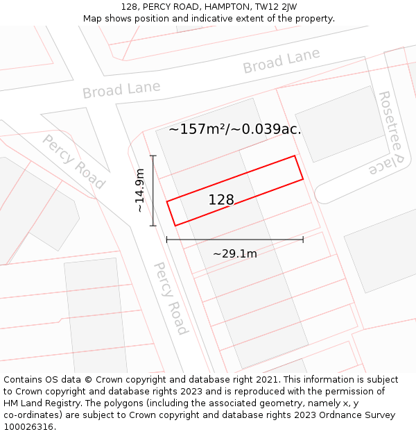 128, PERCY ROAD, HAMPTON, TW12 2JW: Plot and title map