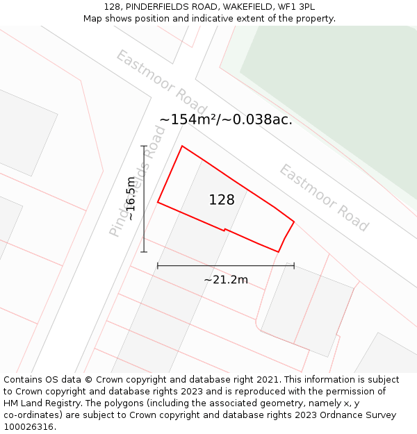128, PINDERFIELDS ROAD, WAKEFIELD, WF1 3PL: Plot and title map