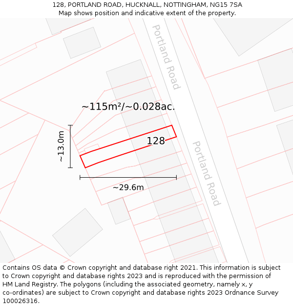 128, PORTLAND ROAD, HUCKNALL, NOTTINGHAM, NG15 7SA: Plot and title map