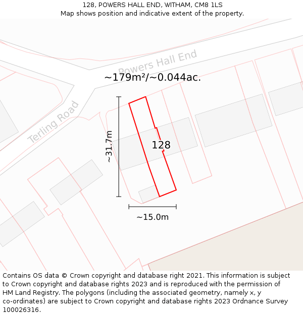 128, POWERS HALL END, WITHAM, CM8 1LS: Plot and title map